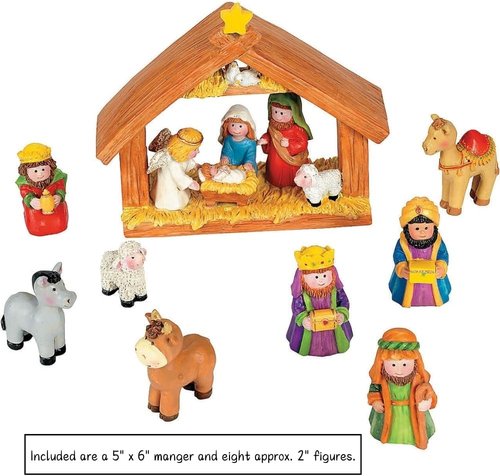 Fun Express Mini Christmas Nativity Set - 9-Piece Stable with Jesus, Mary, Joseph & Wisemen | Colorful Red, Blue, Green, Beige, Brown