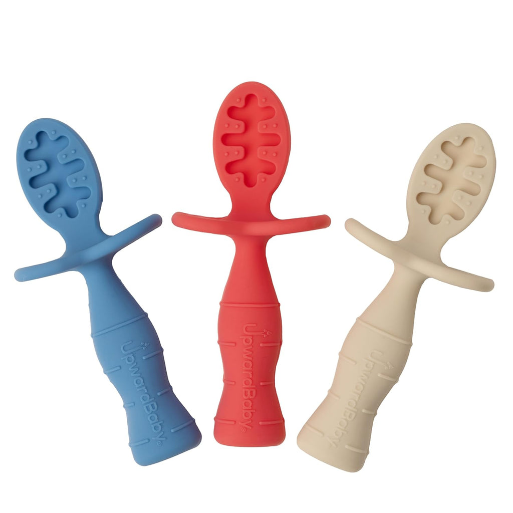 Upward Baby Spoons - Self-Feeding Toddler Utensils with Anti-Choke Barrier | 3-Pack Silicone Spoons for 6+ Months - Red, White, Blue