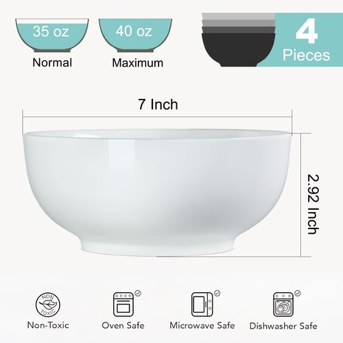 Zscera 40 oz Off White Ceramic Soup Bowls, Ramen Bowls, Pho Bowls Set of 4, 7 Inch