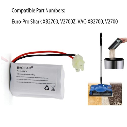 BAOBIAN XB2700 V2930 V2700Z VAC-XB2700 V2700 Replacement Battery 4.8V 1500mAh Ni-Mh Compatible with Euro Pro Shark Vacuum Carpet and Carpet Sweeper