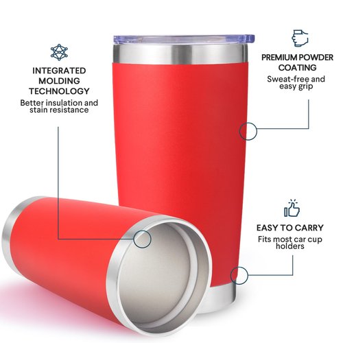 Volhoply 20oz Stainless Steel Tumbler with Lid and Straw Bulk 12 Pack,Double Wall Insulated Travel Iced Coffee Mug Fits Cup holder,Powder Coated Cups for Hot/Cold Drinks,Gifts for Women（Red,12 Set）