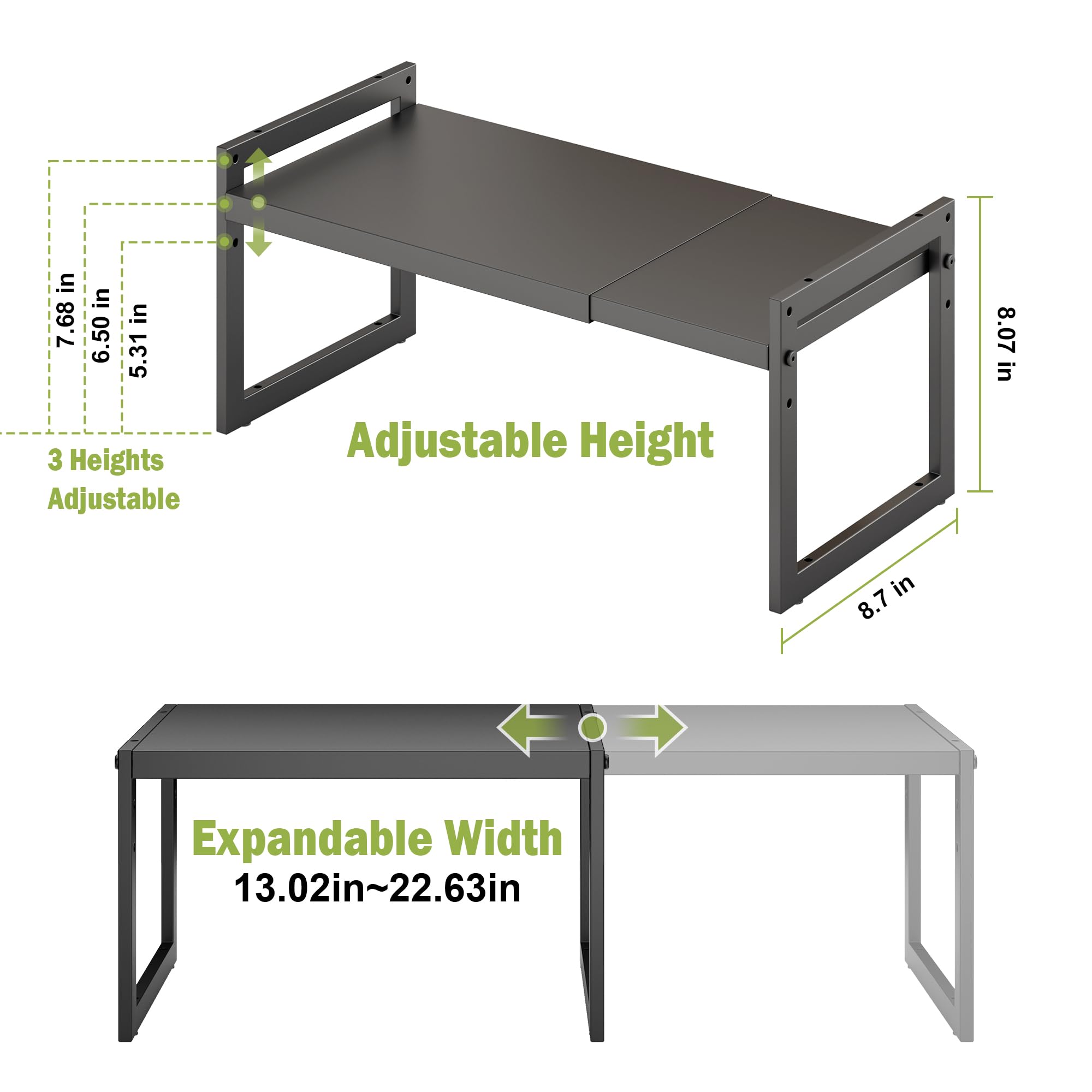 DOLALIKE Expandable kitchen Countertop Organizer, Stackable Cabinet Shelf Organizers, Space Saving Spice Rack Pantry Storage for Bathroom Office (Black, 1 Pack)