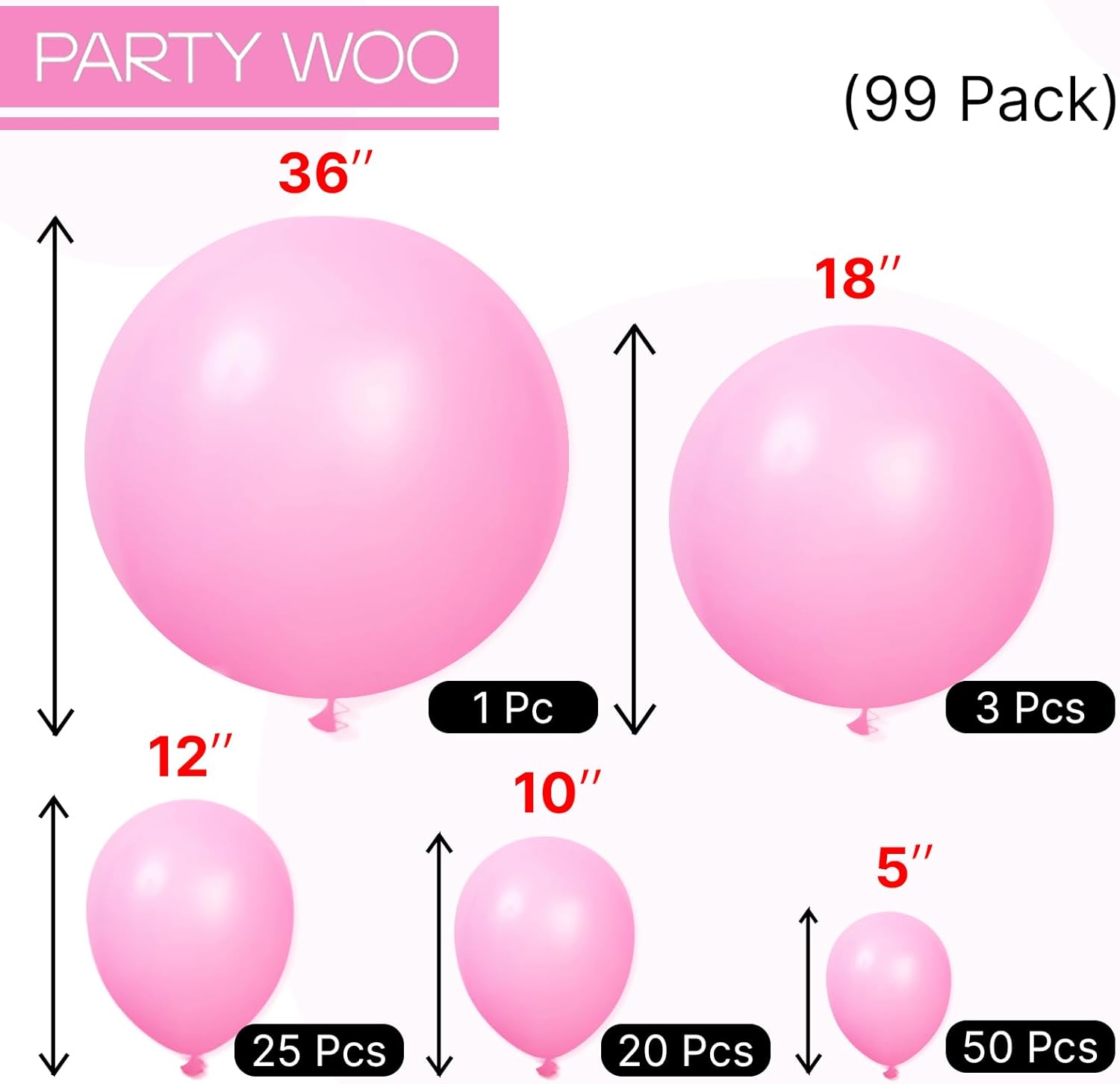 PartyWoo Pink Balloons - 99-Piece Matte Pink Balloon Arch Kit for Baby Showers & Parties | Various Sizes