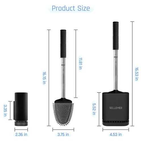 Sellemer Toilet Brush and Holder Set - Flexible Toilet Bowl Brush Head with Silicone Bristles, Compact Size for Storage and Organization, Ventilation Slots Base (2 Pack, Black)