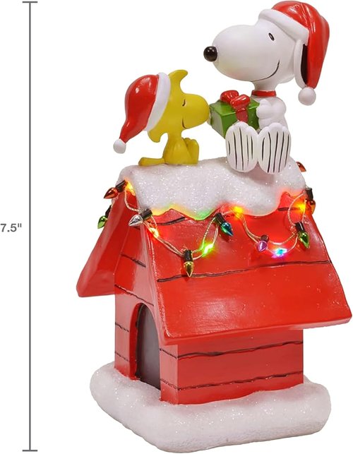 Mark Feldstein Peanuts Snoopy's Dog House Figurine - LED Christmas Lights, Red, 7.5 Inch