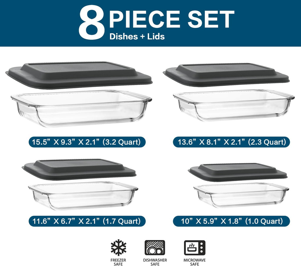 Regine Switzerland 8-Piece Deep Glass Baking Dish Set - Rectangular Bakeware with Lids for Lasagna & Leftovers | Freezer-to-Oven Safe, Gray