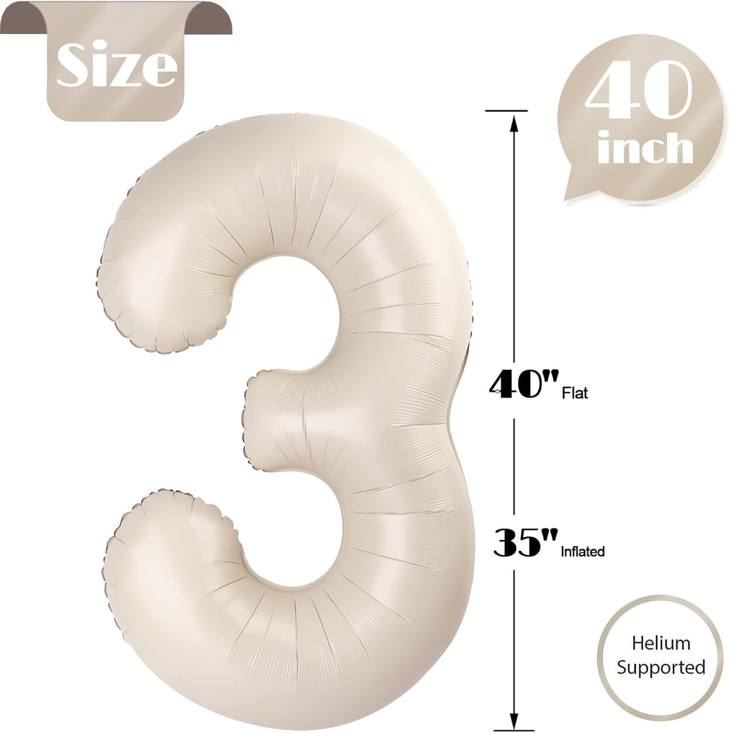 Balloon Number 3 - 40 Inch Cream Birthday Decoration for Kids & Adults | Perfect for 3rd Birthday Parties