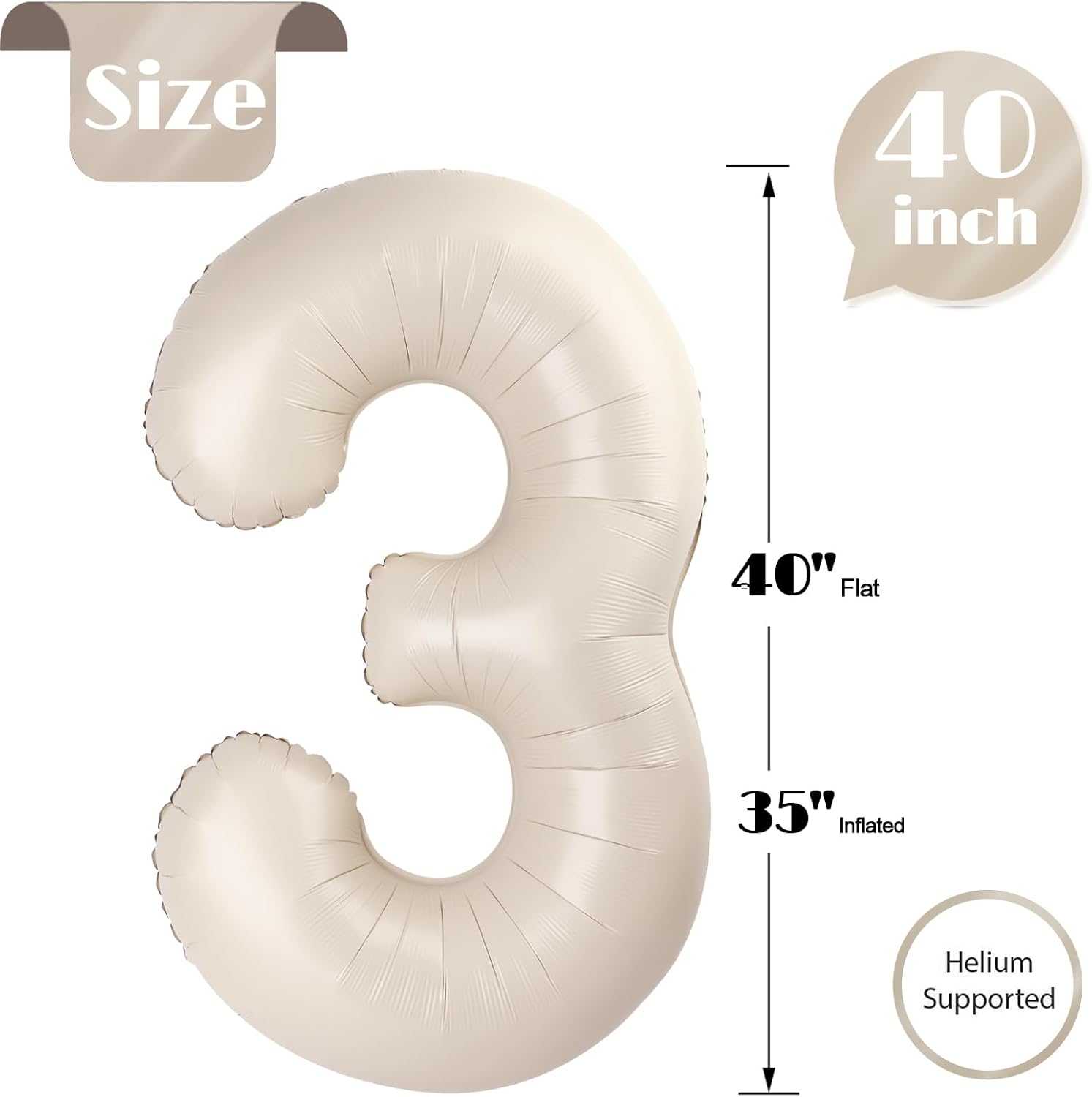 Balloon Number 3 - 40 Inch Cream Birthday Decoration for Kids & Adults | Perfect for 3rd Birthday Parties