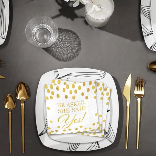 Elegant Gold & White "He Asked, She Said Yes!" Hot Stamped Beverage Napkins - 5" x 5" (Pack Of 16) | Sturdy Paper Materials | Perfect For Weddings & Engagements Celebrations