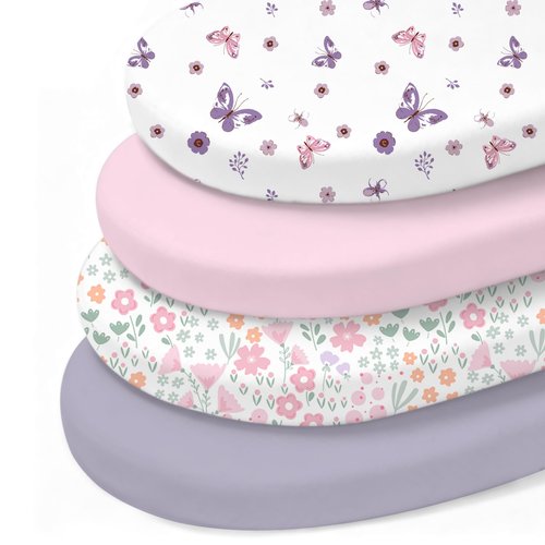 Little Grape Land Bassinet Sheets 4 Pack, 33" x 18" Fitted Bassinet Sheets Up to 4" Deep Pocket, Ultra Soft Baby Bassinet Fitted Sheets for Bassinet Mattress, Butterfly Bloom