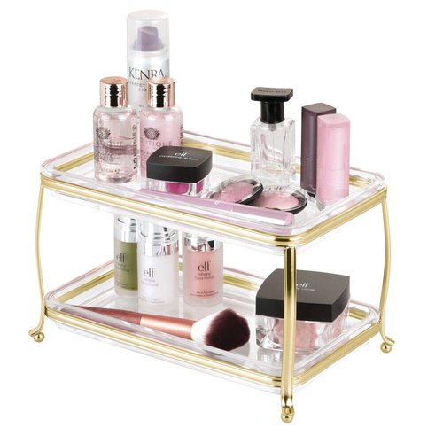 mDesign Decorative Makeup Storage Organizer Vanity Tray for Bathroom Counter Tops, 2 Levels to Hold Makeup Brushes, Eyeshadow Palettes, Lipstick, Perfume and Jewelry - Soft Brass/Clear