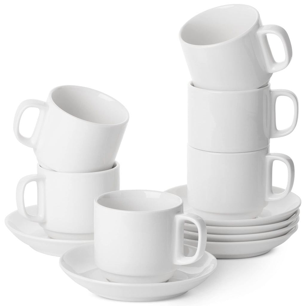 BTaT- Stackable Tea Cups and Saucers, White, Set of 6 (8 oz), Cappuccino Cups, British Coffee Cups, Porcelain Tea Set