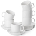 BTaT- Stackable Tea Cups and Saucers, White, Set of 6 (8 oz), Cappuccino Cups, British Coffee Cups, Porcelain Tea Set