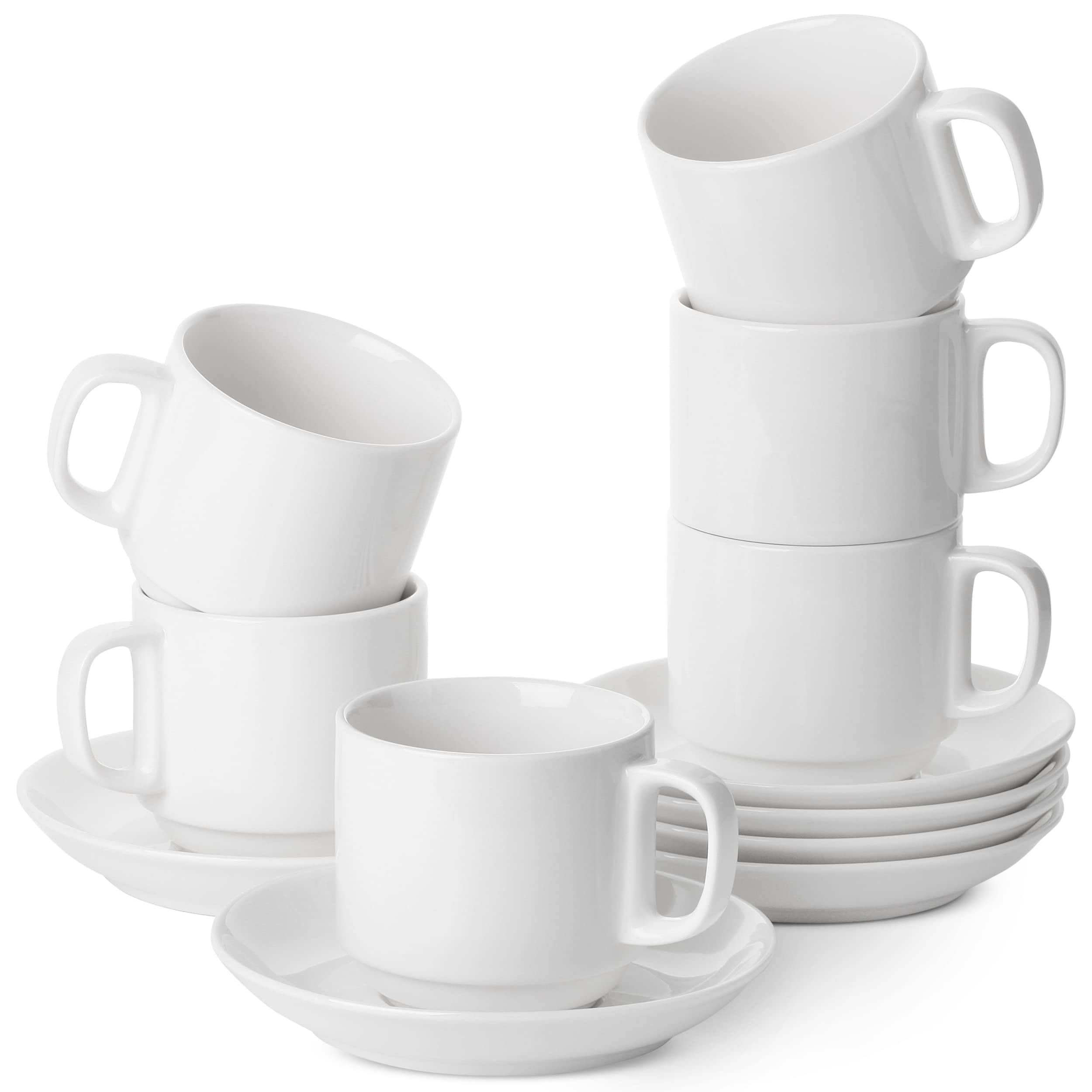 BTaT- Stackable Tea Cups and Saucers, White, Set of 6 (8 oz), Cappuccino Cups, British Coffee Cups, Porcelain Tea Set