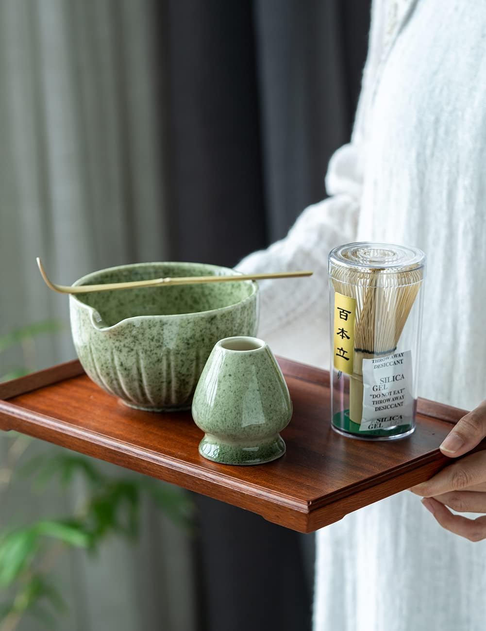 TANG PIN Matcha Set - 4pc Matcha Bowl, Whisk, Scoop & Stand | 15 OZ Mottled Green Tea Ceremony Kit