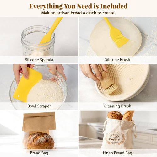 BAVIFY Sourdough Starter Kit, 9" Round & 10" Oval Banneton Bread Proofing Baskets Set with Jar, Sourdough Bread Baking Supplies Bread Making Tools, Sourdough Kit Gifts for Bakers Women