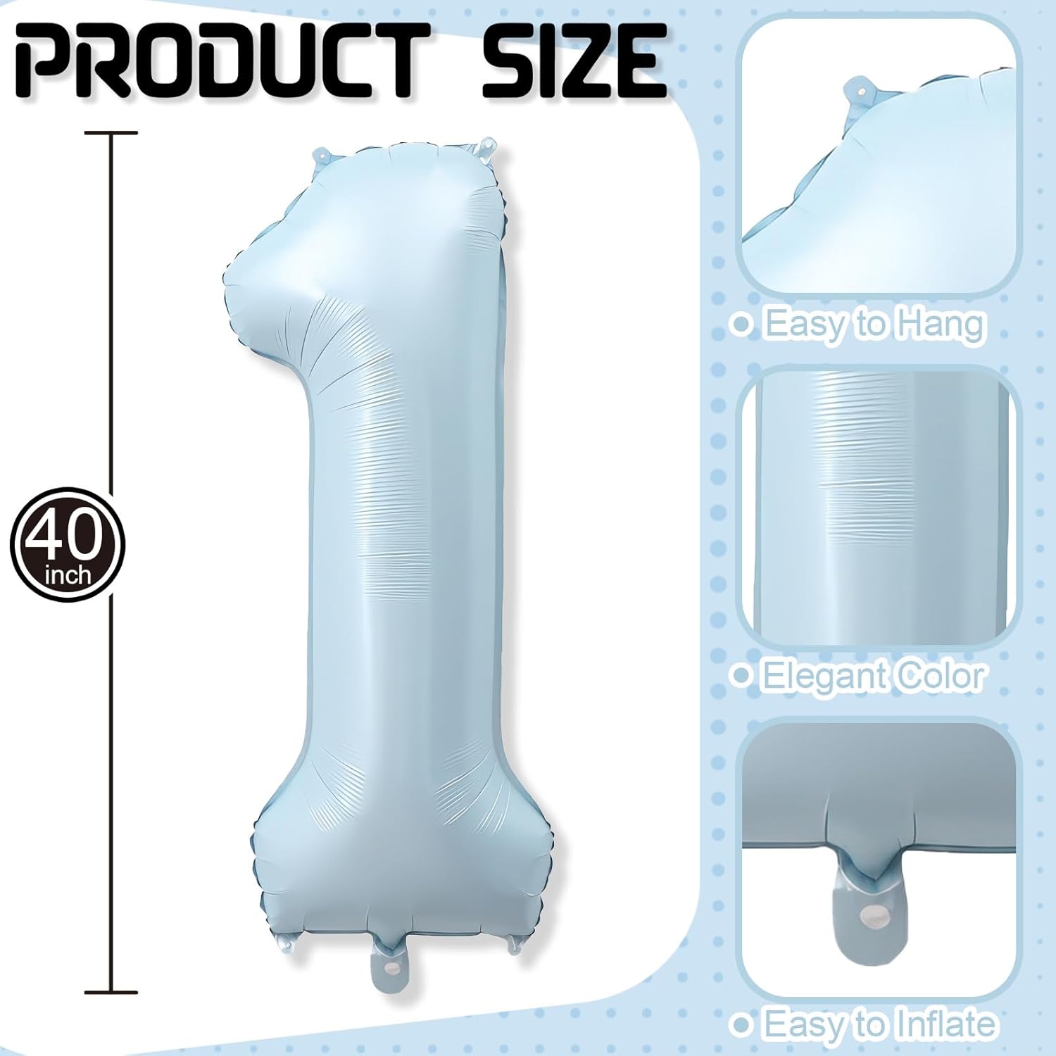 Skiennix Big Number 1 Balloon - Light Matte Sky Blue Foil 40 Inch Mylar Decor for 1st Birthday & Baby Shower