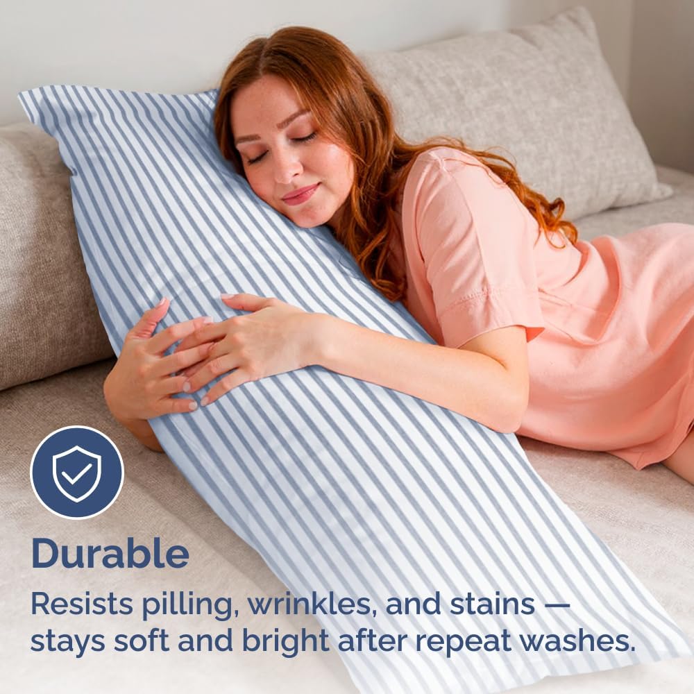 Skiennix Body Pillowcases Set of 2 | Soft 20x54 Long Pillow Covers for Side Sleepers - Blue Stripes, Machine Washable