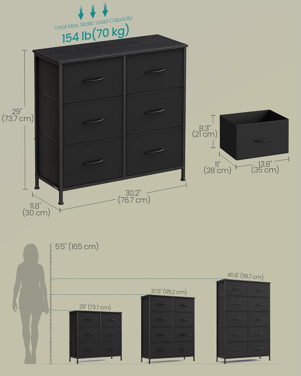 SONGMICS Dresser - Versatile Chest of Drawers & TV Stand with 6 Fabric Storage Bins | Ink Black & Ebony Black
