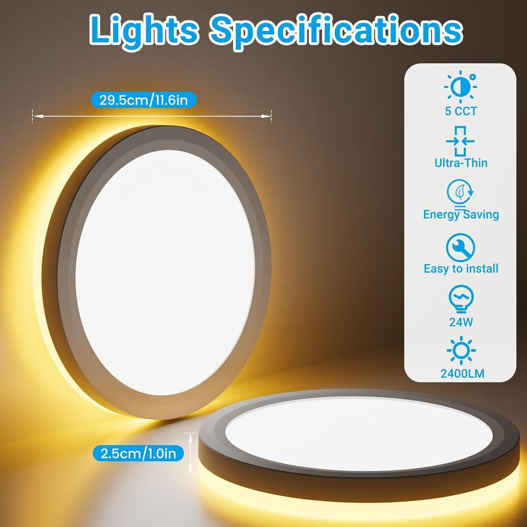 Skiennix 12-Inch LED Ceiling Light - 24W 2400LM Adjustable Warm to Cold White | Round Flush Mount for Bedroom, Bathroom, Kitchen