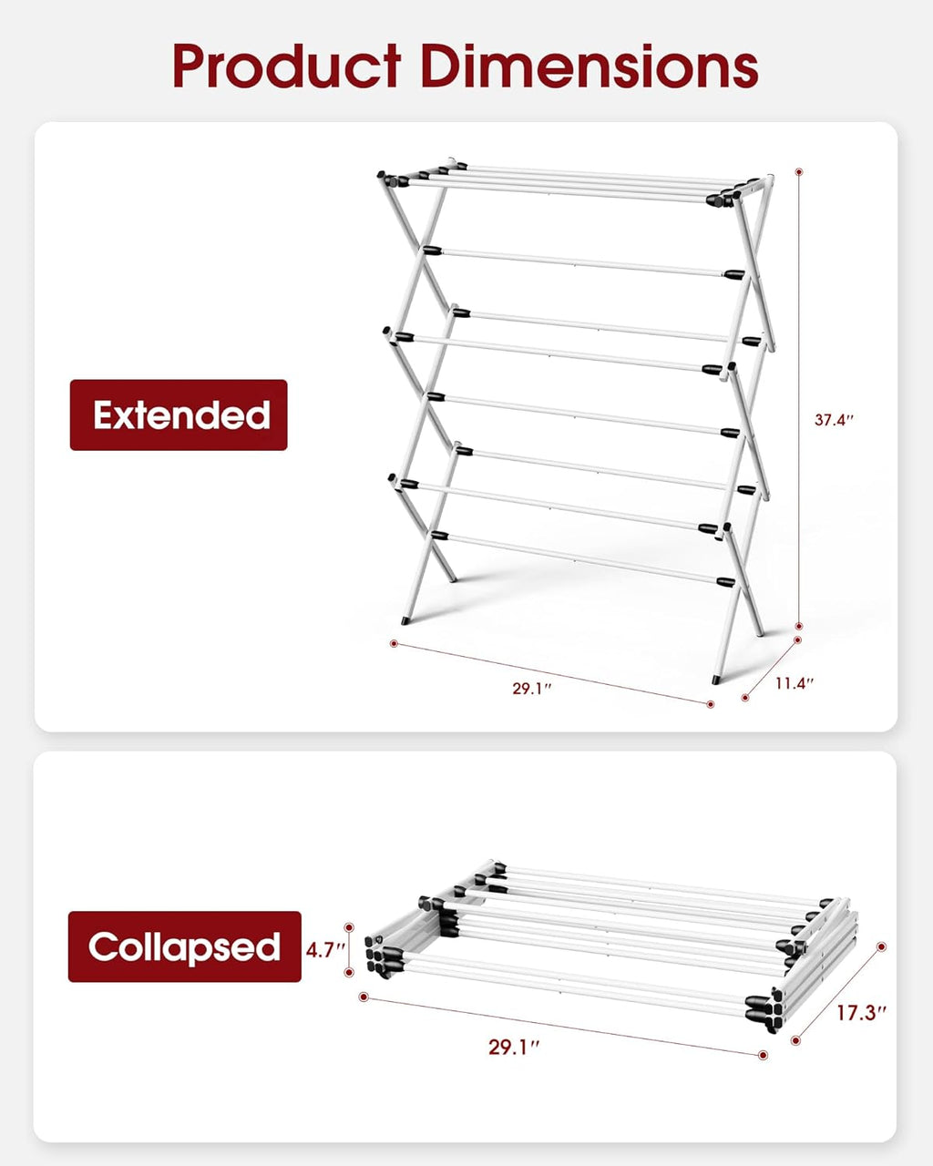 Sakugi Foldable Clothes Drying Rack - 3-Tier Metal Laundry Organizer with Non-Slip Feet | Indoor & Outdoor Use, 11.4"D x 29.1"W x 37.4"H, White & Black