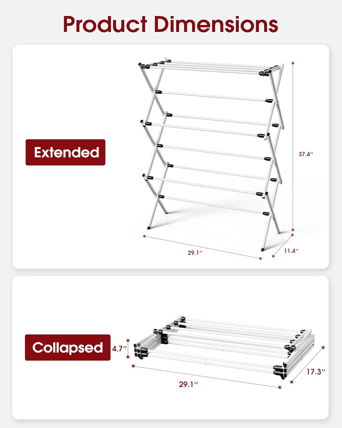 Sakugi Foldable Clothes Drying Rack - 3-Tier Metal Laundry Organizer with Non-Slip Feet | Indoor & Outdoor Use, 11.4"D x 29.1"W x 37.4"H, White & Black