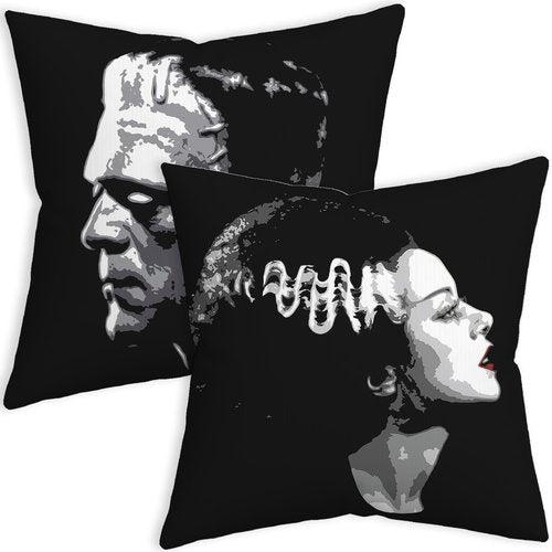 SCQIUSYA Valentine Frankenstein Pillow Covers 18x18, Black Goth Throw Pillows Set of 2, Bride of Frankenstein Spooky Horror Pillowcase for Gothic Home Bedding Couch Room