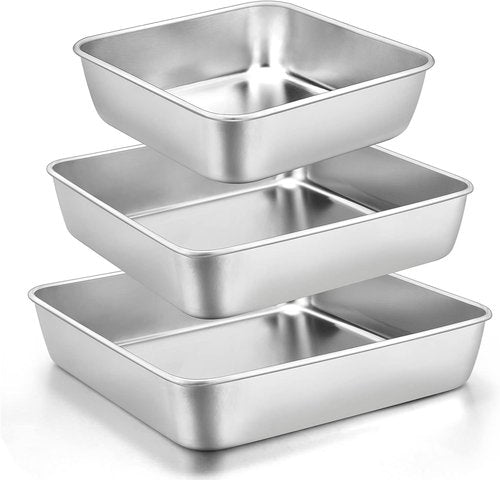 E-far Stainless Steel Square Cake Pan Set - 3-Piece Non-Toxic Bakeware | Easy Clean & Dishwasher Safe