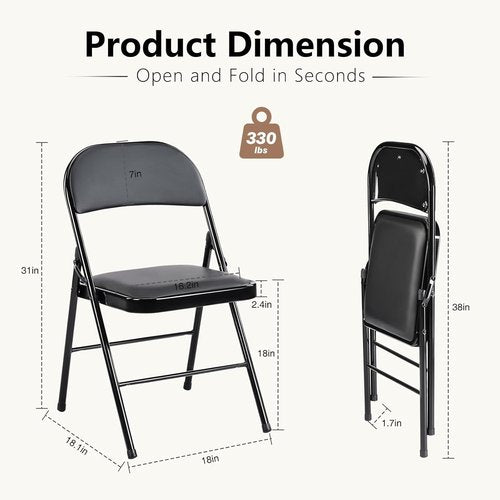 DUMOS Leather Padded Folding Chairs - Portable Stackable Steel Frame Seats for Home & Office | Black, 2 Pack
