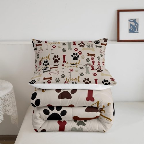 Homewish Dog Paw Print Comforter Set Twin Size,Bone Pattern Bedding Set 2pcs for Kids Teens Girls Boys Room Decor,Pet Animal Quilt Set Cartoon Duvet Insert with 1 Pillowcase