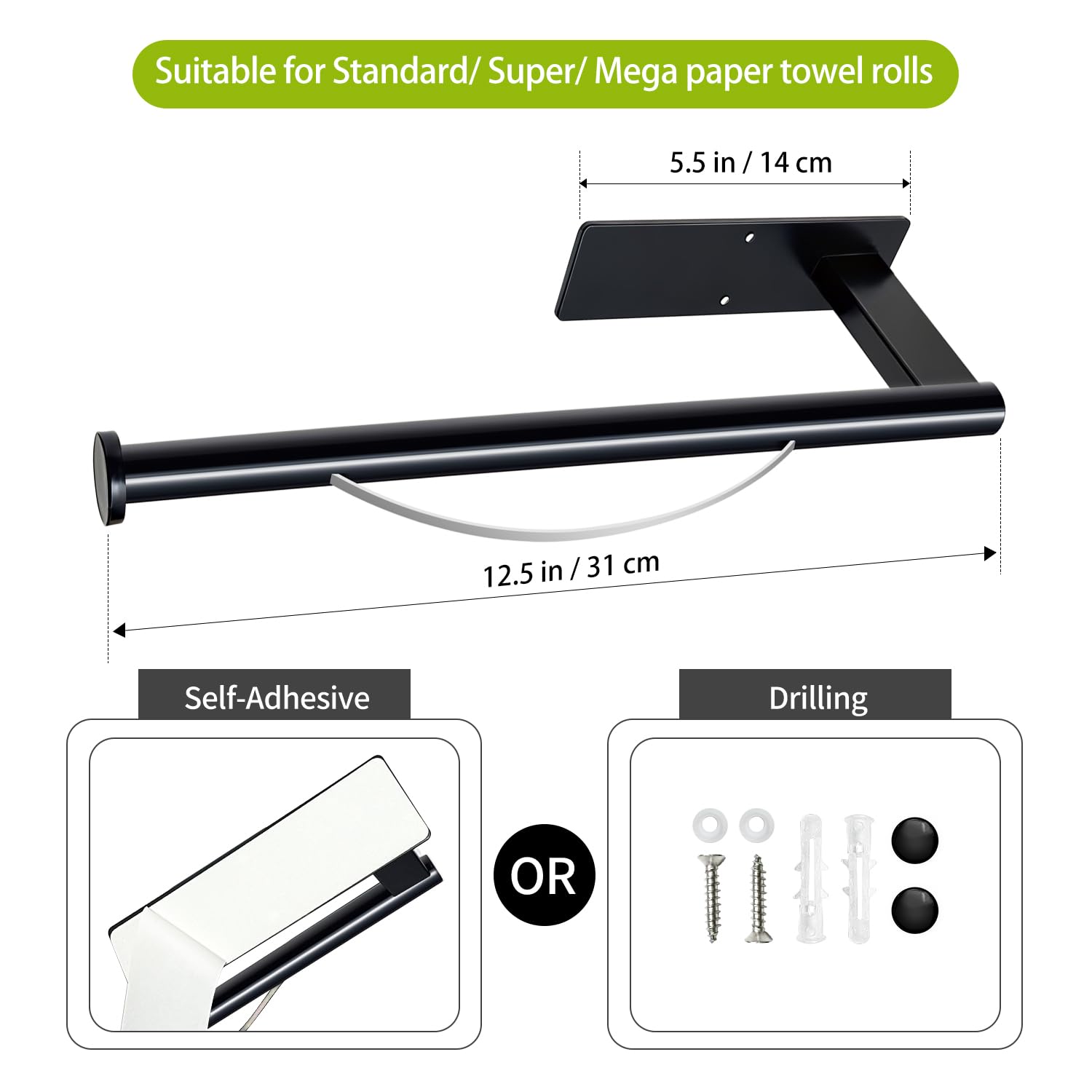 Paper Towel Holder Under Cabinet, Single Hand Operable Tearing Off Paper Towels with Damping Effect, Both Available in Adhesive and Screws, Stainless Steel (Black)