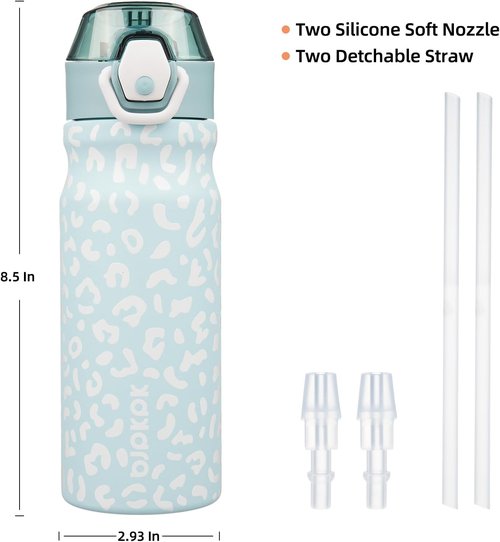 BJPKPK Insulated Water Bottle - 18oz Stainless Steel Flask with Straw & Carry Handle | Light Blue Leopard