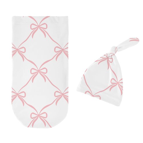 Sweet Jojo Designs Baby Cocoon Swaddle & Beanie (Pink Bows) for Girls, Infant/Newborn Wearable Blanket Jersey Set, Going Home Outfit (Blush, Bow for Ballerina, Ballet Dancer, Princess Collection)