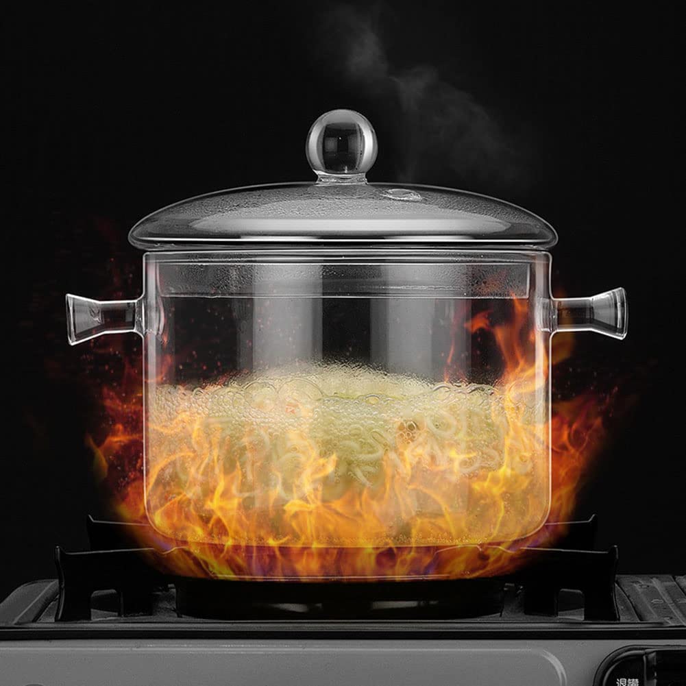 Glass Cooking Pot - 2L/67oz Heat-Resistant Borosilicate Glass Handmade Cookware Set stovetop Pot - Safe for Pasta Noodle, Soup, Milk (1900ml - Double-handled pot)