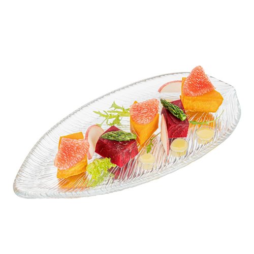 Restaurantware Vetri 11.8 x 5.5 Inch Glass Serving Dishes 6 Durable Unique Serving Dishes - Leaf Design Dishwashable Clear Glass Dinnerware For Hot Or Cold Foods