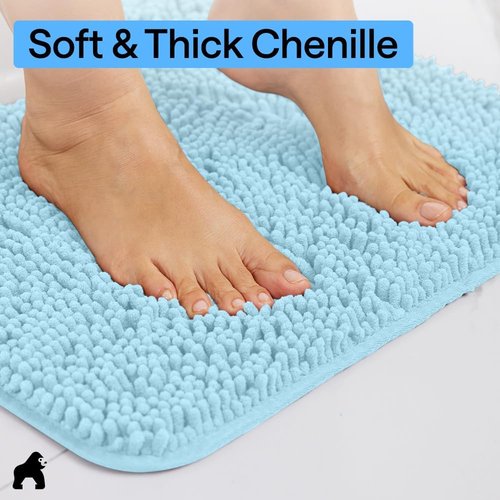 GORILLA GRIP Plush Chenille Bath Rug Mat - Soft Microfiber, Machine Washable, Oval Toilet Base, Sky Color