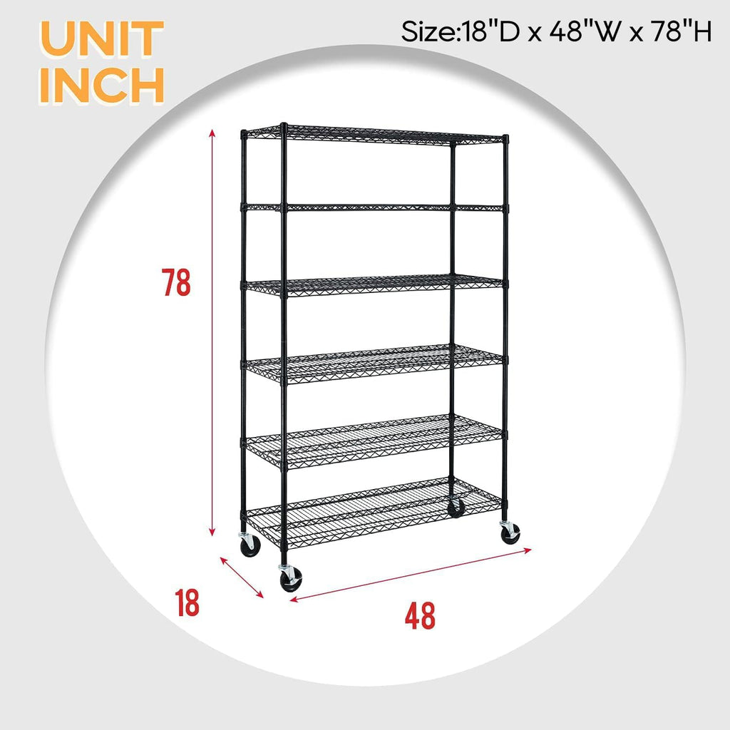 BestOffice 6-Tier Wire Storage Shelves with Wheels - Heavy-Duty Metal Racks | Adjustable | 18x48x78 | Black | No-Tool Assembly