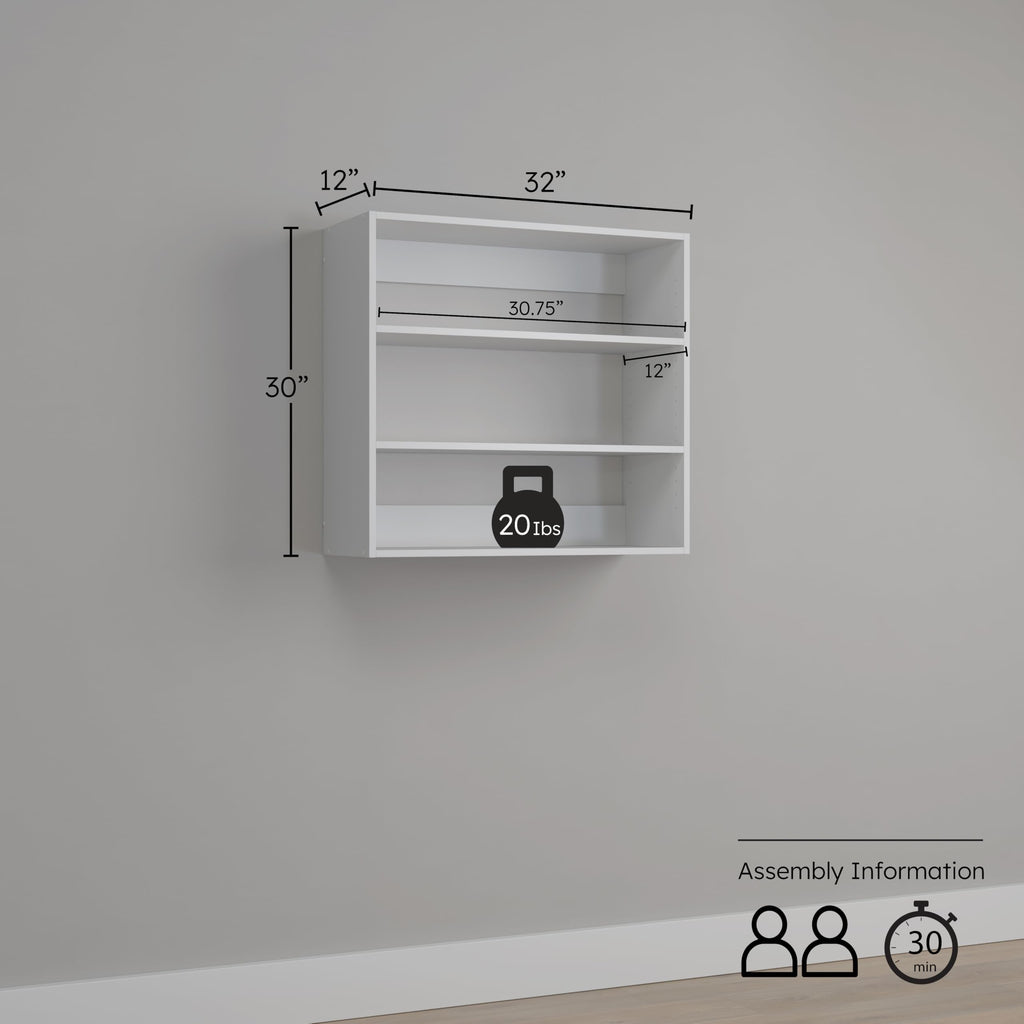 Prepac Elite 32” Wide Upper Cabinet, White Pantry Kitchen Storage Cabinet with 2 Adjustable Shelves for Garage, Laundry, 12" D x 32" W x 30" H