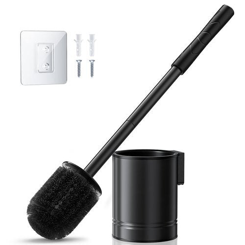 HAMITOR Black Toilet Bowl Brush: Metal Rustproof Bathroom Cleaning Accessories Set with Hidden Holder for Renters - Wall-Mounted Family Compact Toilet Cleaner Kits for Apartment RV Small Space