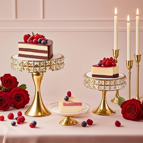 Vidisan 2 Pcs Gold 8/10 Inch Crystal Cake Stand Set Round Cake Stand with Crystal Bling Pendants Dessert Table Display Set for Wedding Event Birthday Party Dessert Table