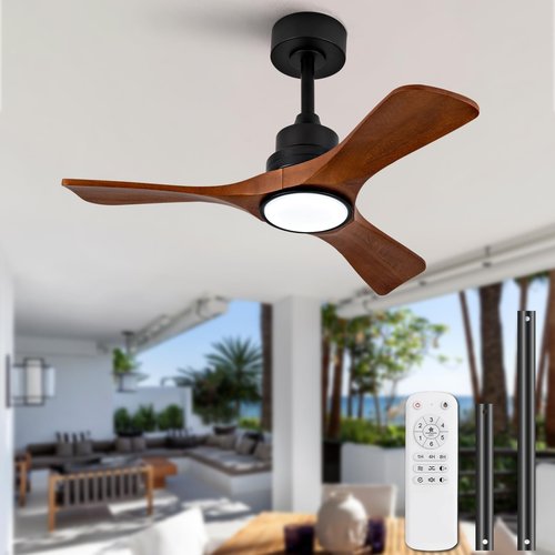 VCQQ 36 Inch Ceiling Fans with Lights and Remote, 3 Blade Wood Ceiling Fan with Light, Modern Indoor Outdoor Black Ceiling Fan for Patio Porch Bedroom Office, Dimmable, Reversible DC Motor