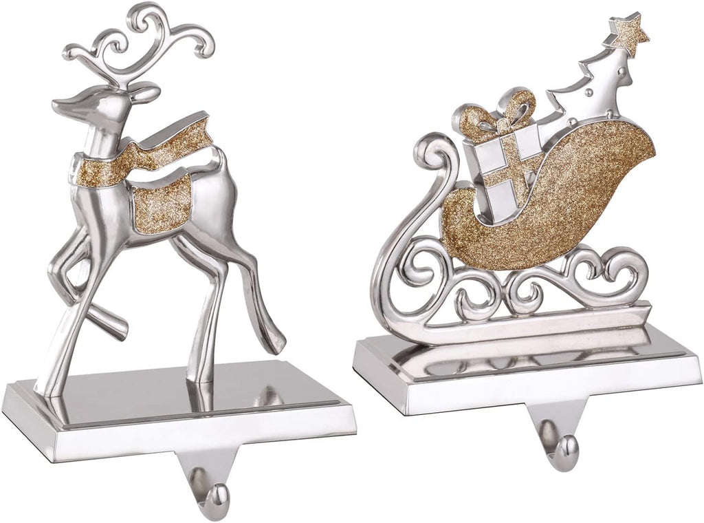 Cesdai Reindeer & Sleigh Stocking Holder Set for Mantle Set of 4,Deer Stocking Hangers for Firepiece,Christmas Decorations Mantel Hanger for Stocking/Garland (Silver with Gold)