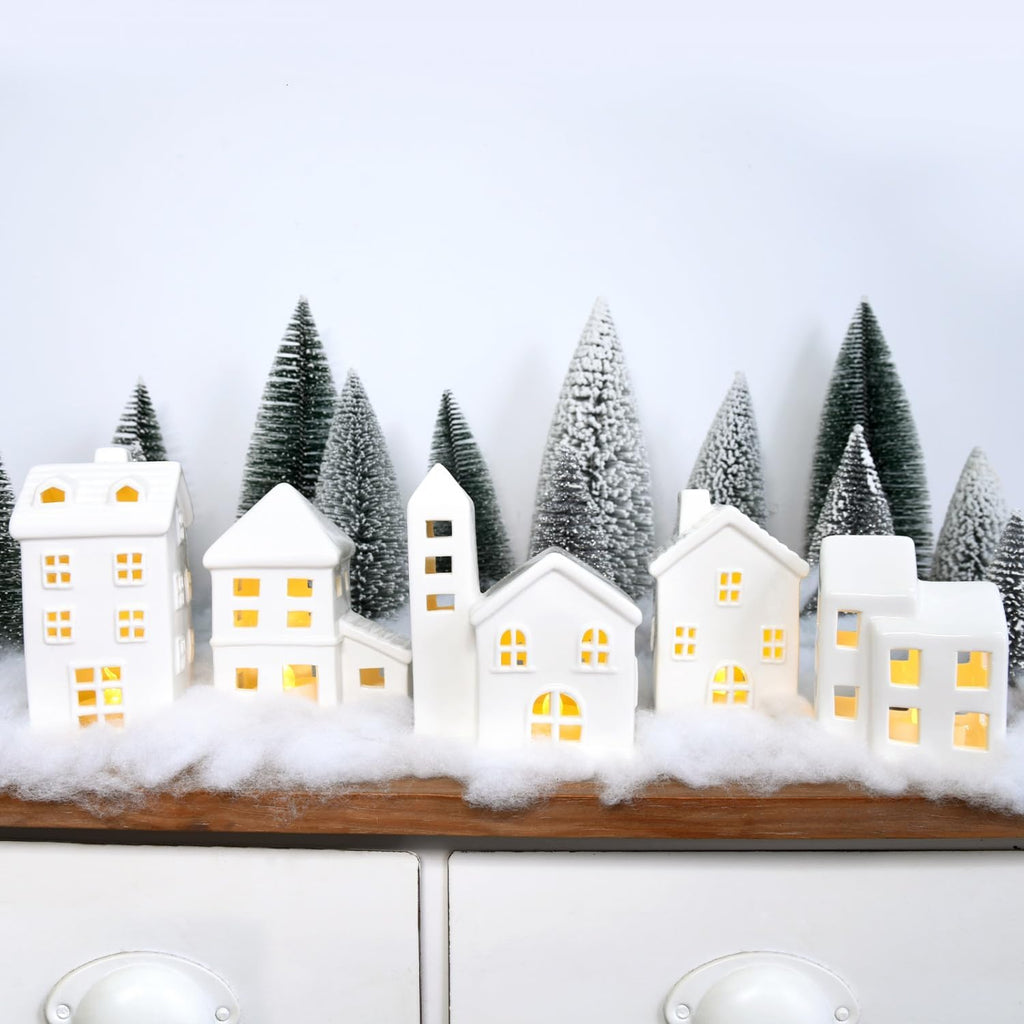 Regine Switzerland Ceramic Christmas Village Houses Set - 5 White Houses, 9 Trees & Fake Snow for Festive Home Decor