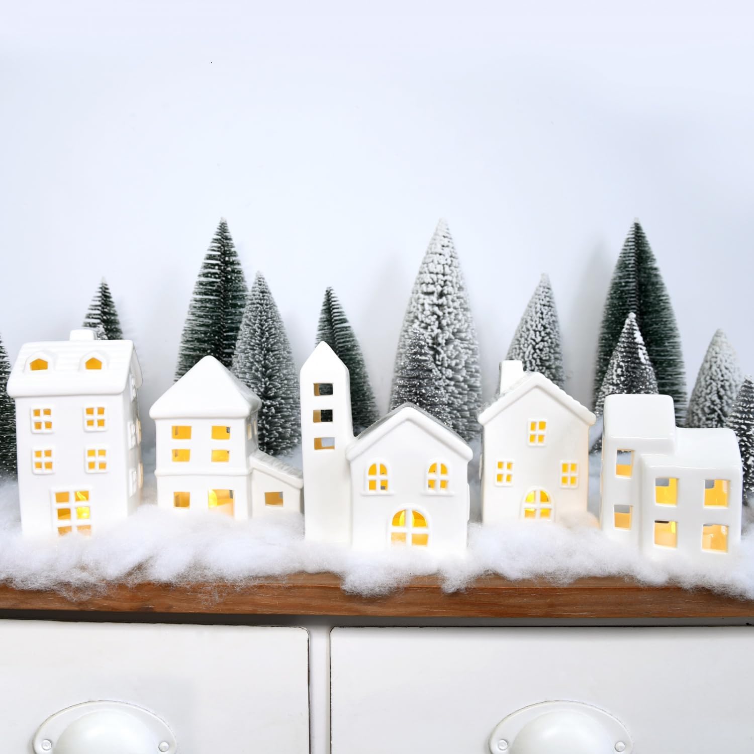 Regine Switzerland Ceramic Christmas Village Houses Set - 5 White Houses, 9 Trees & Fake Snow for Festive Home Decor