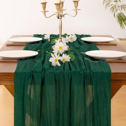 **Socomi Emerald Green Cheesecloth Table Runner - 120 Inch Rustic Boho Decor for Weddings & Events**
