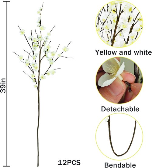 Krissing Artificial Cherry Blossom Branches - 39” Tall White Faux Flowers for Home & Wedding Decor