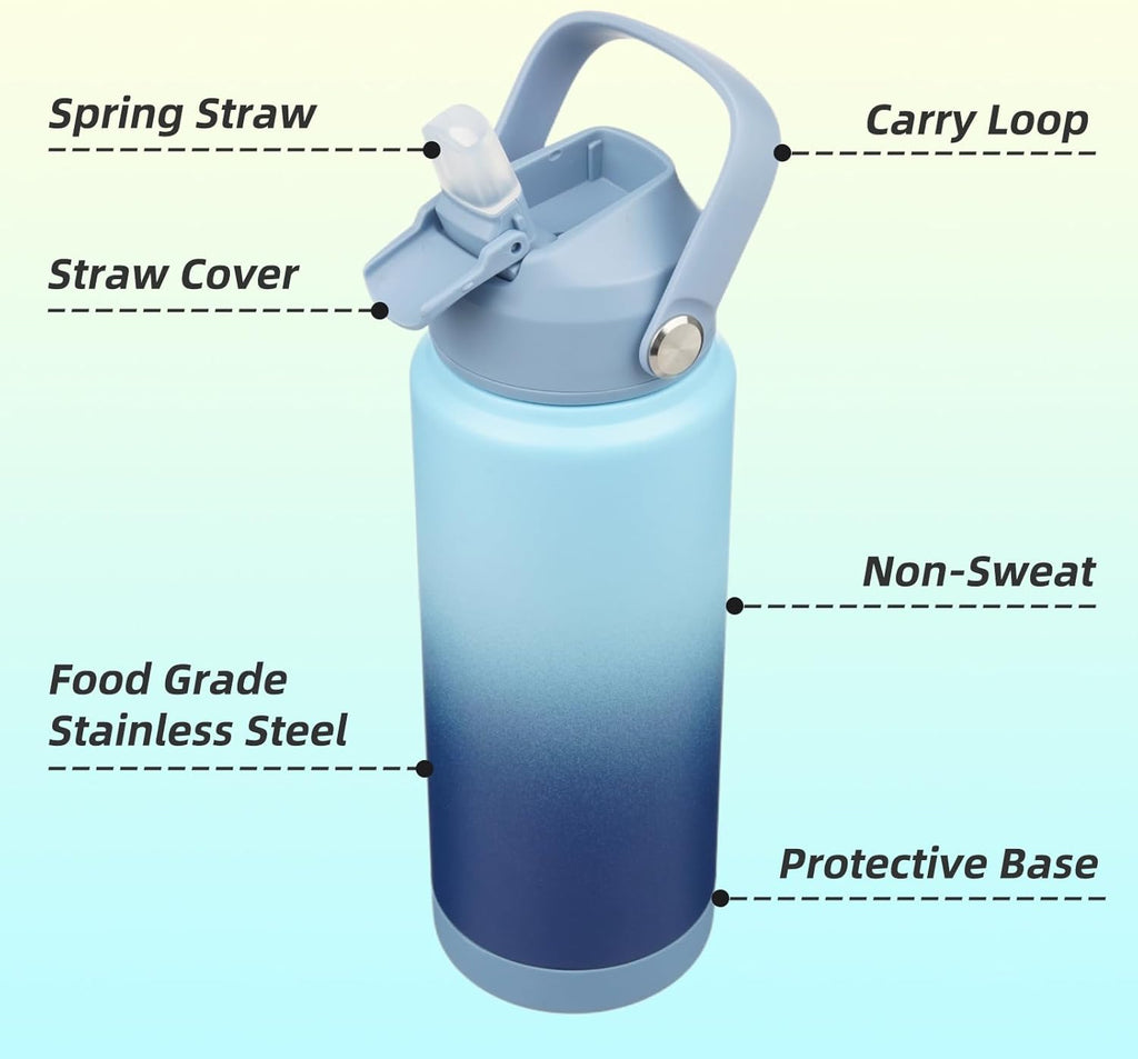 Skiennix Insulated Water Bottle - 24 oz Stainless Steel with Straw Lid & Silicone Handle - Sky Blue