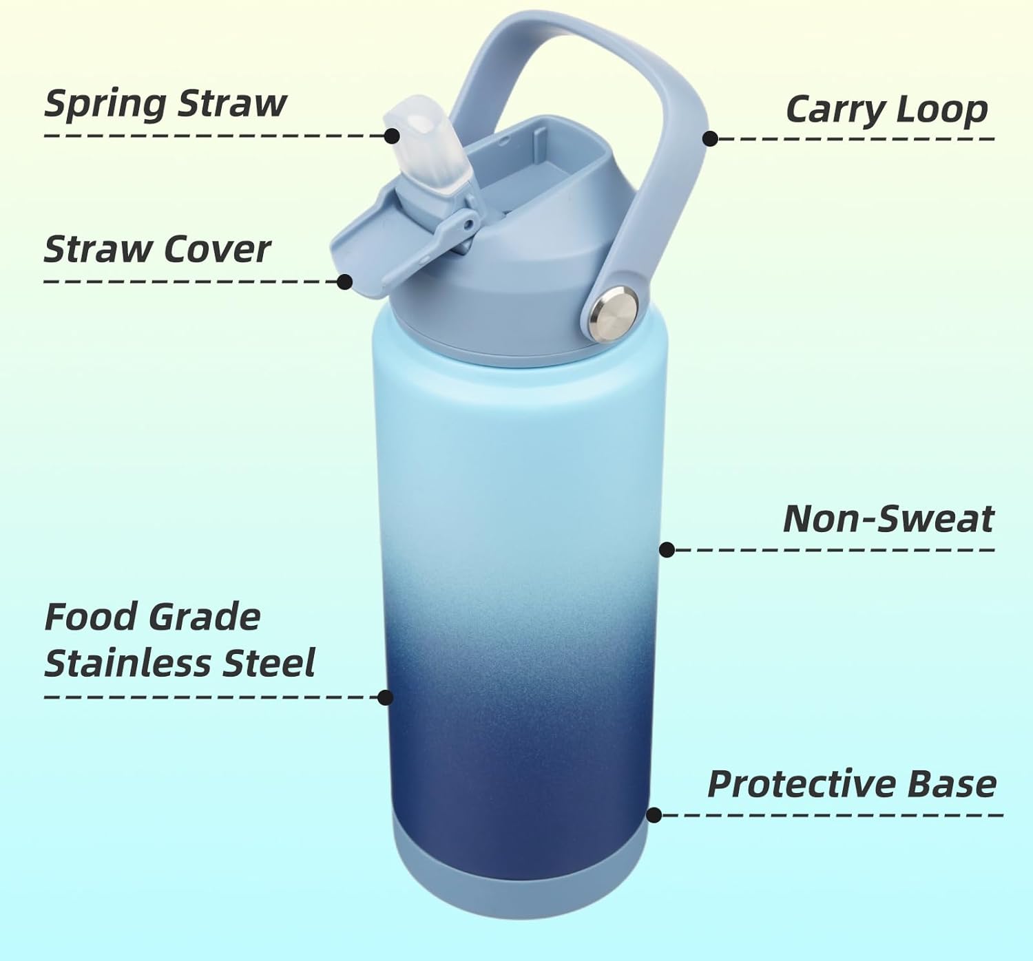 Skiennix Insulated Water Bottle - 24 oz Stainless Steel with Straw Lid & Silicone Handle - Sky Blue