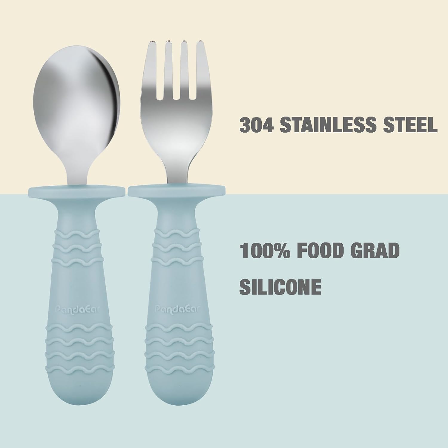 PandaEar Baby Toddler Utensils Set - 6-Piece Silicone & Stainless Steel Silverware | BPA-Free, Anti-Choke Design (Blue, Green, Beige)