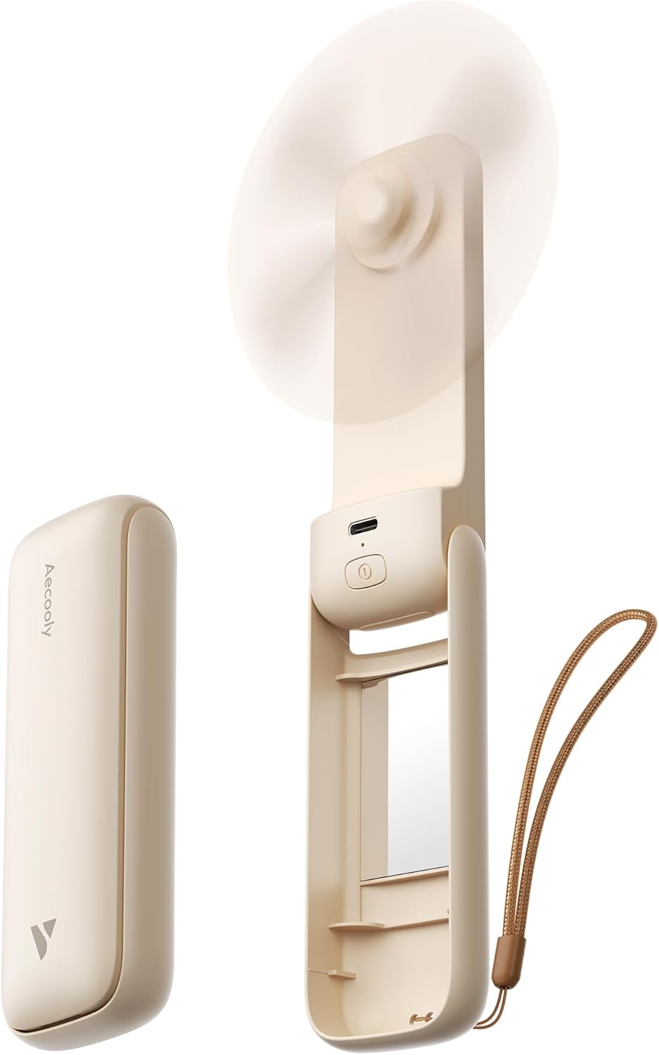 Aecooly Slim Portable Fan - USB Rechargeable Handheld Fan with Mirror | 24H Max Cooling - Beige
